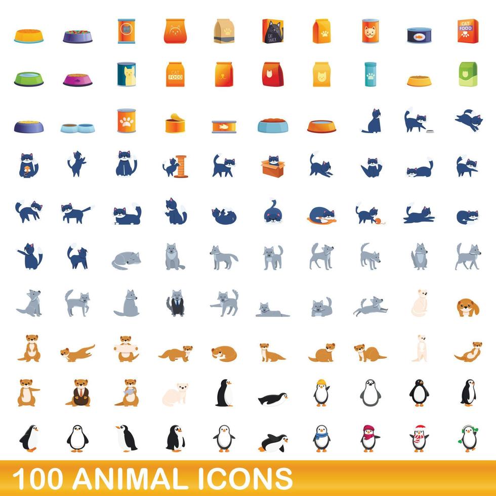 100 animal icons set, cartoon style vector