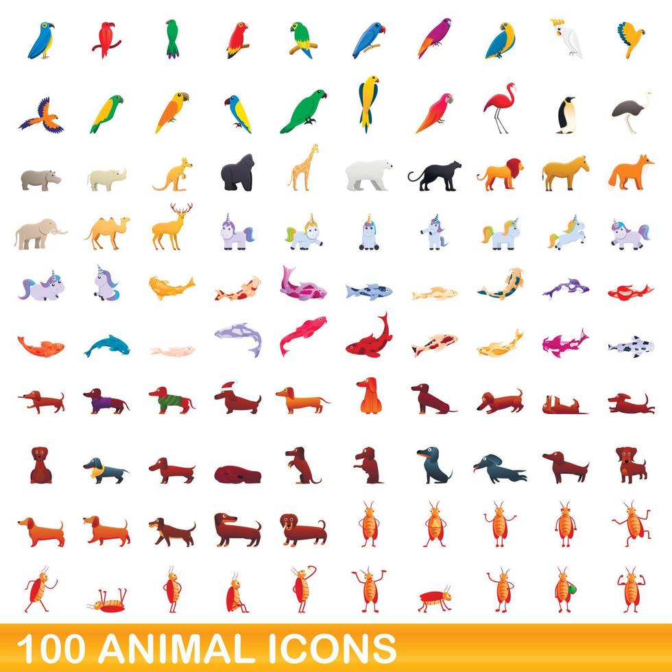 100 animales, conjunto de iconos de estilo de dibujos animados vector