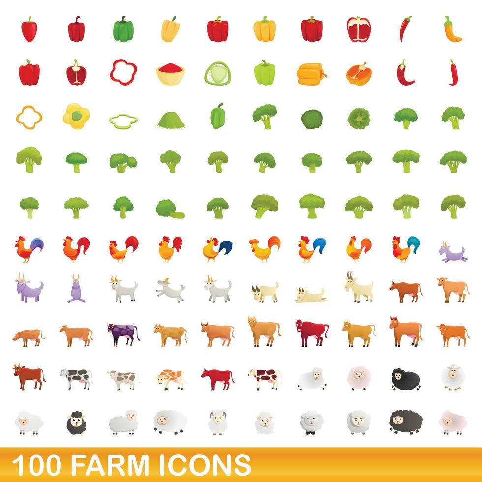 100 farm icons set, cartoon style vector