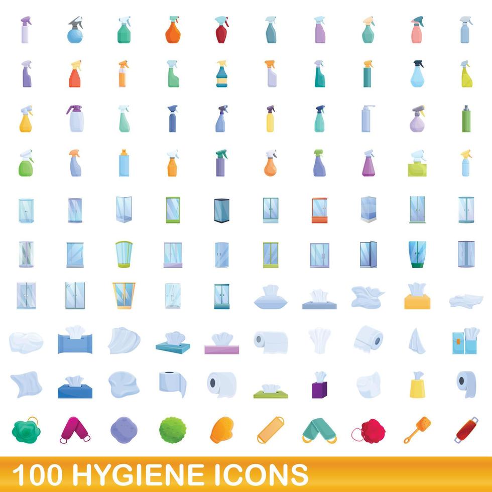 100 iconos de higiene, estilo de dibujos animados vector