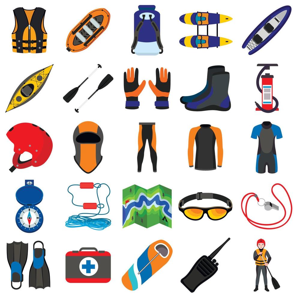 Rafting icons set, flat style vector