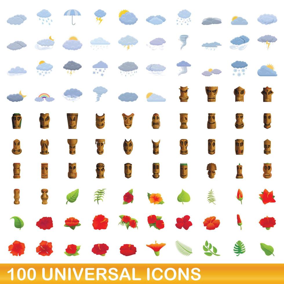 100 universal icons set, cartoon style vector