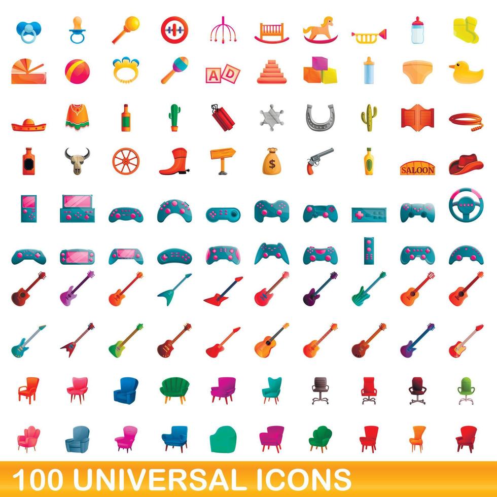 100 iconos universales, estilo de dibujos animados vector