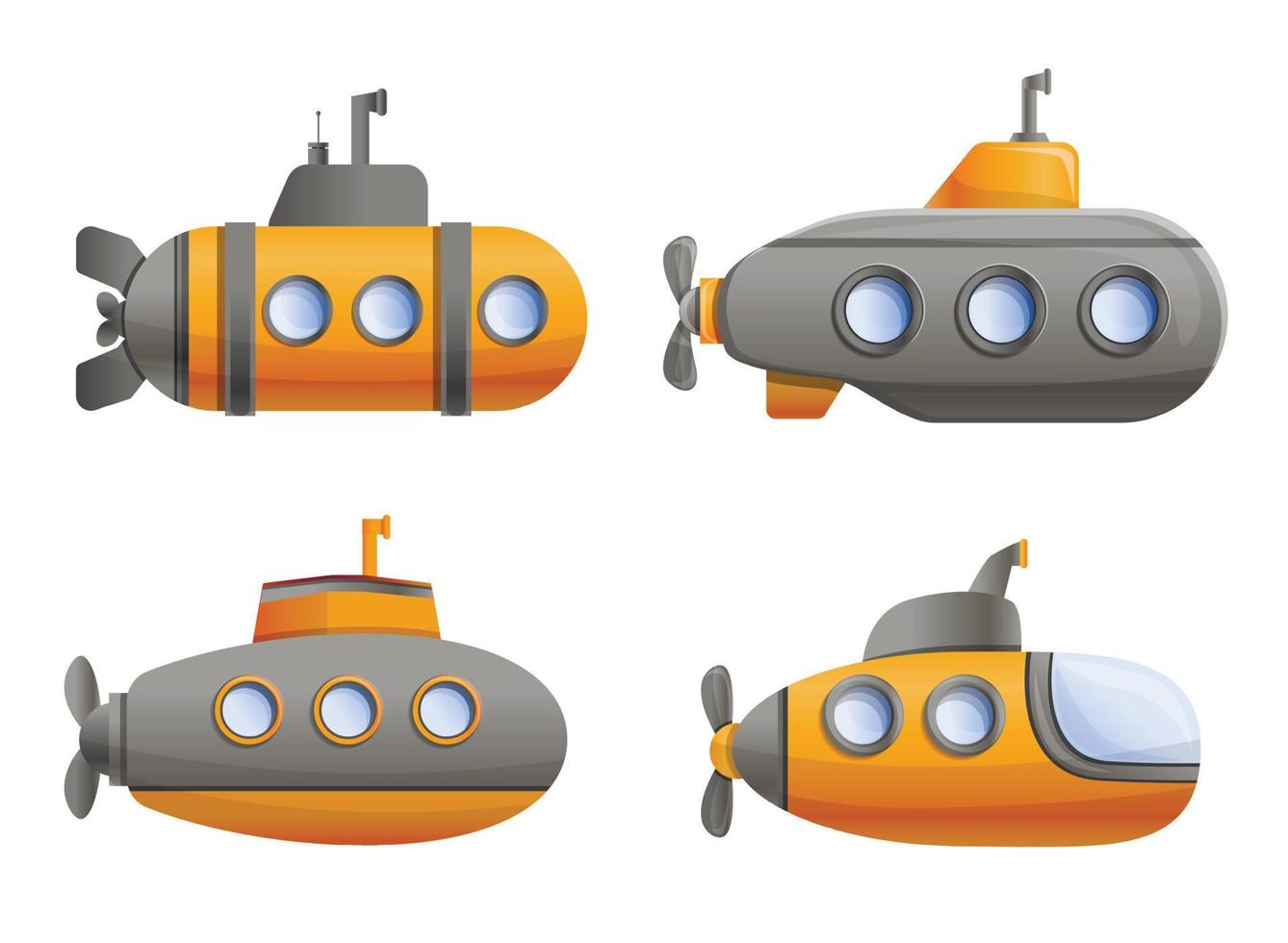 Submarine icon set, cartoon style vector