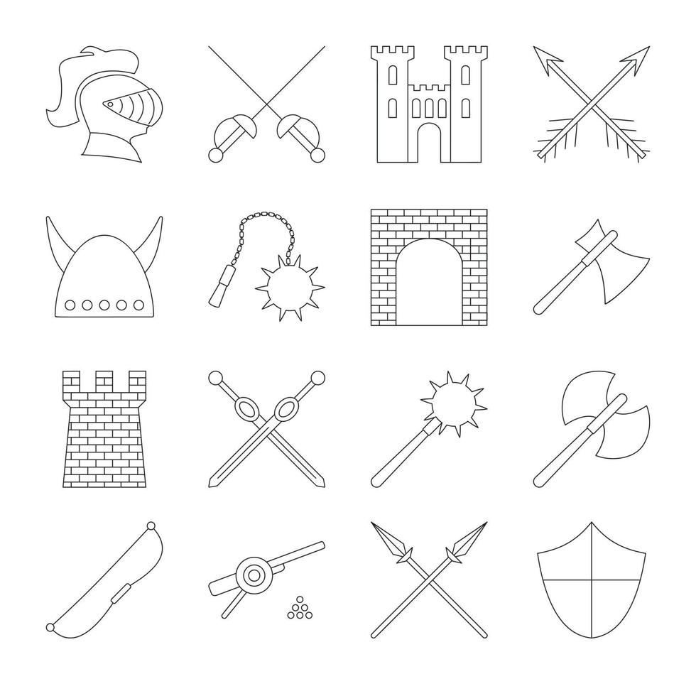 Medieval outline icons set vector