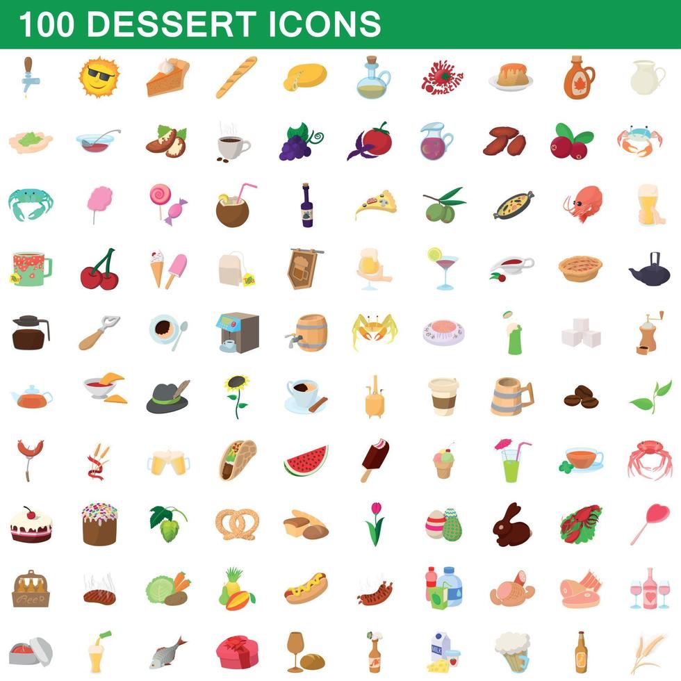 100 postres, conjunto de iconos de estilo de dibujos animados vector