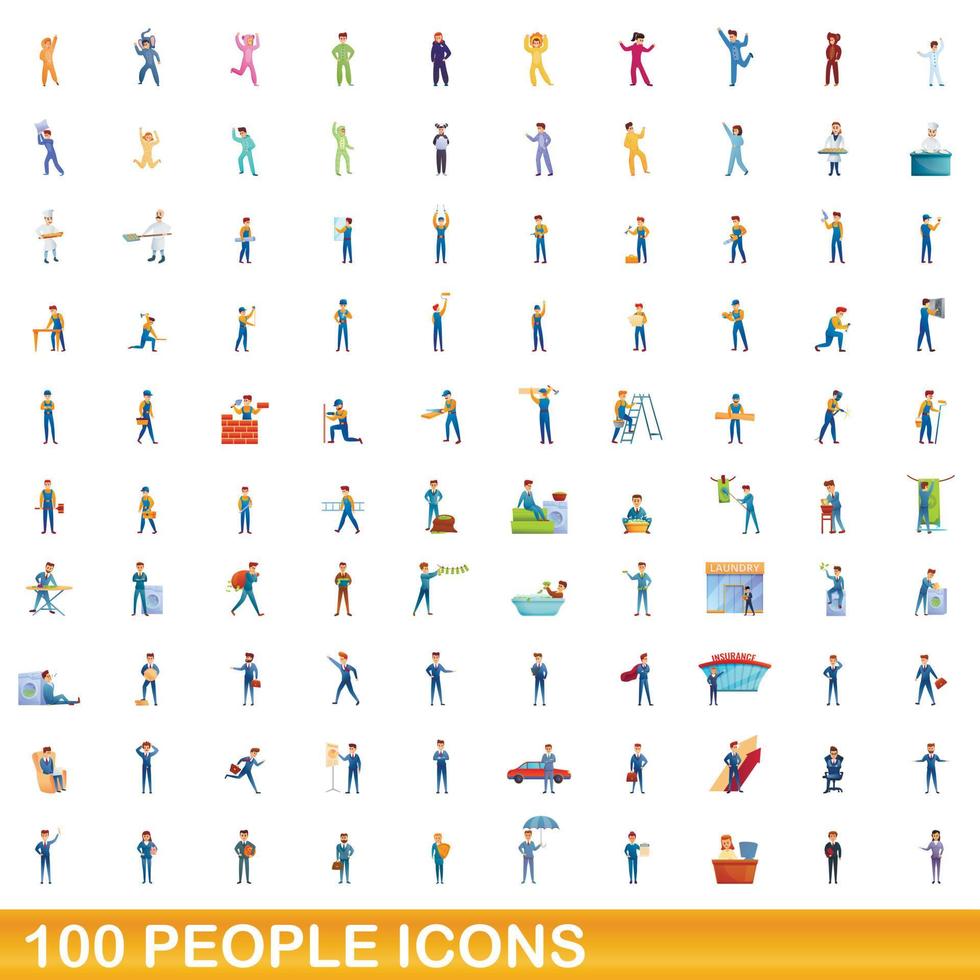 100 personas, conjunto de iconos de estilo de dibujos animados vector