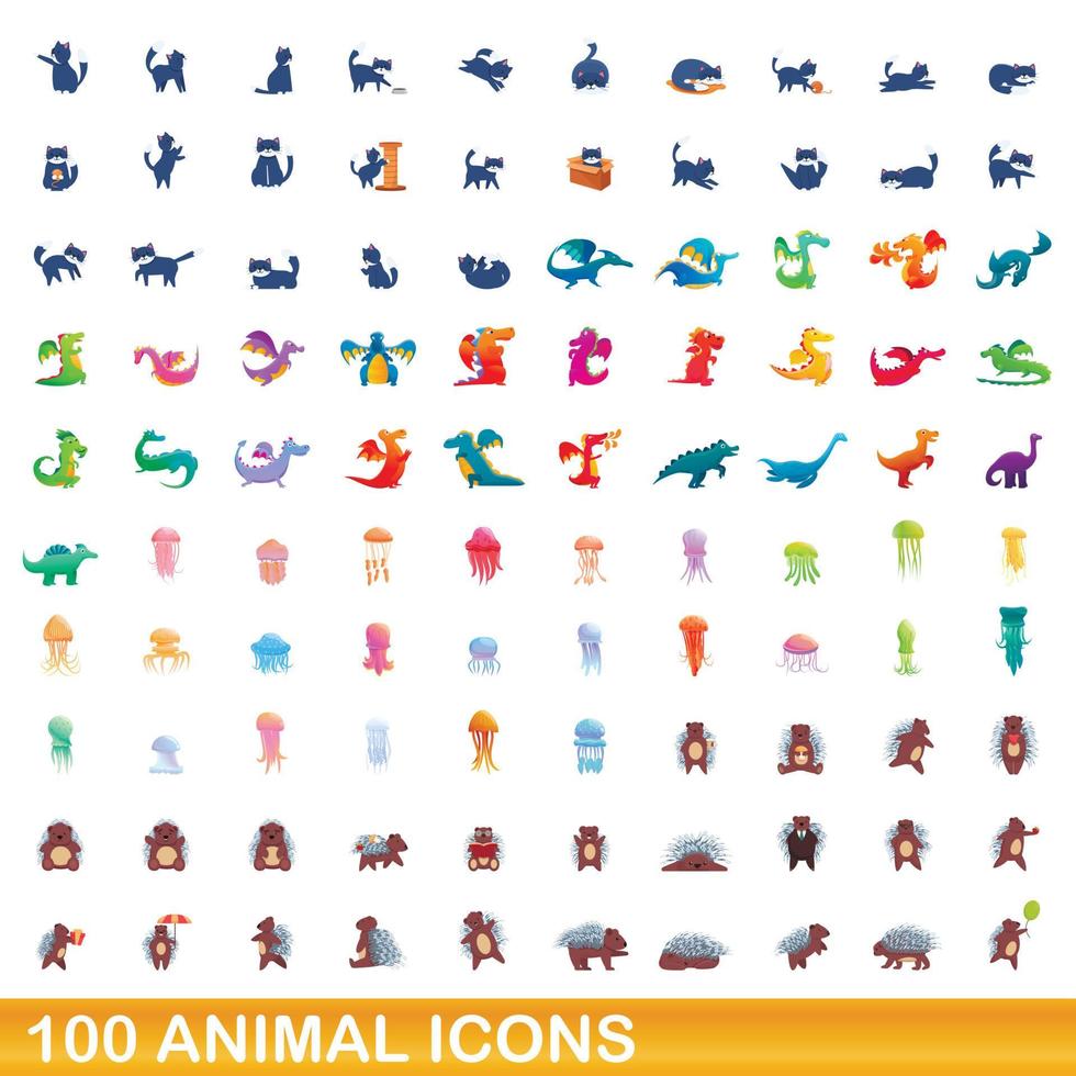 100 animal icons set, cartoon style vector