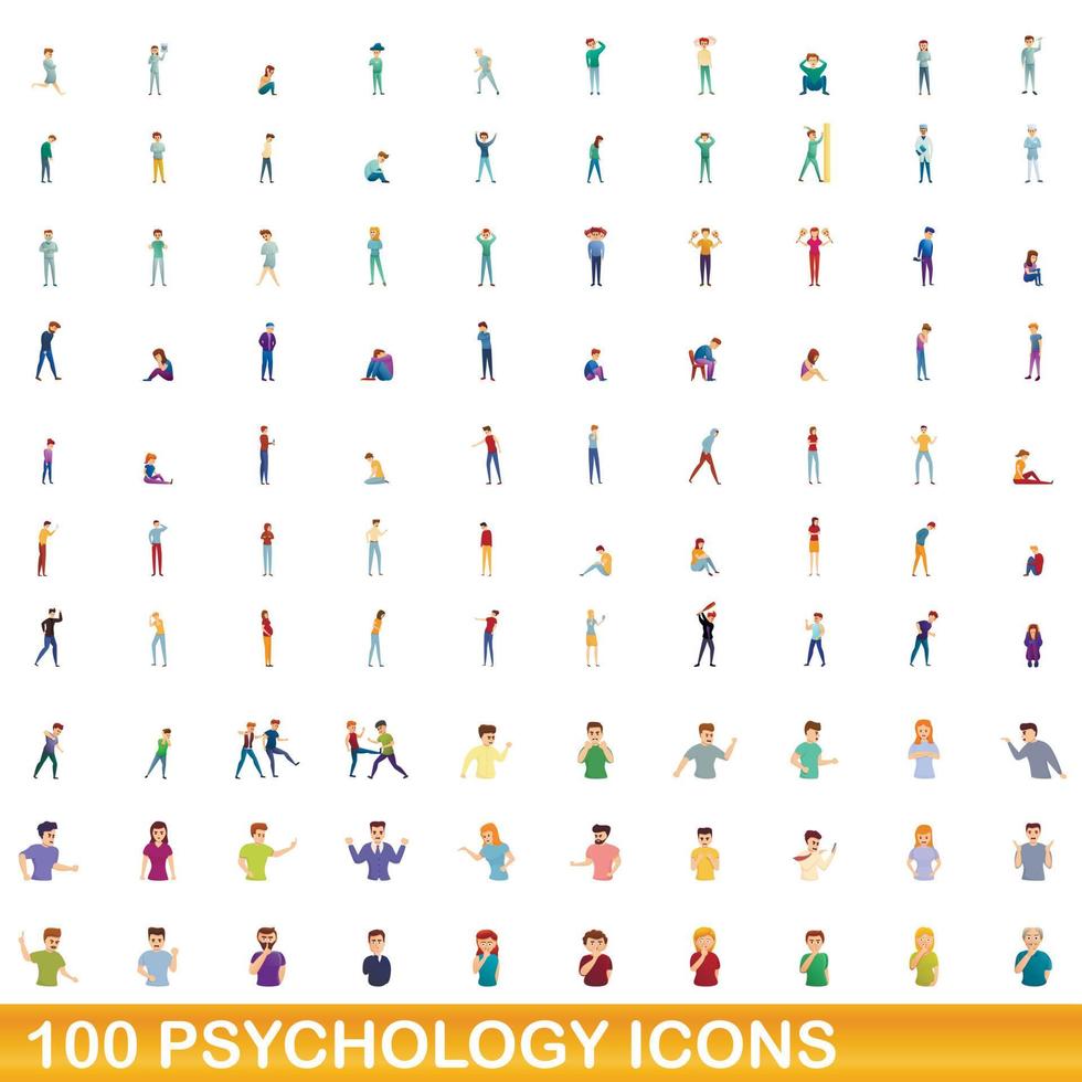 100 iconos de psicología, estilo de dibujos animados vector