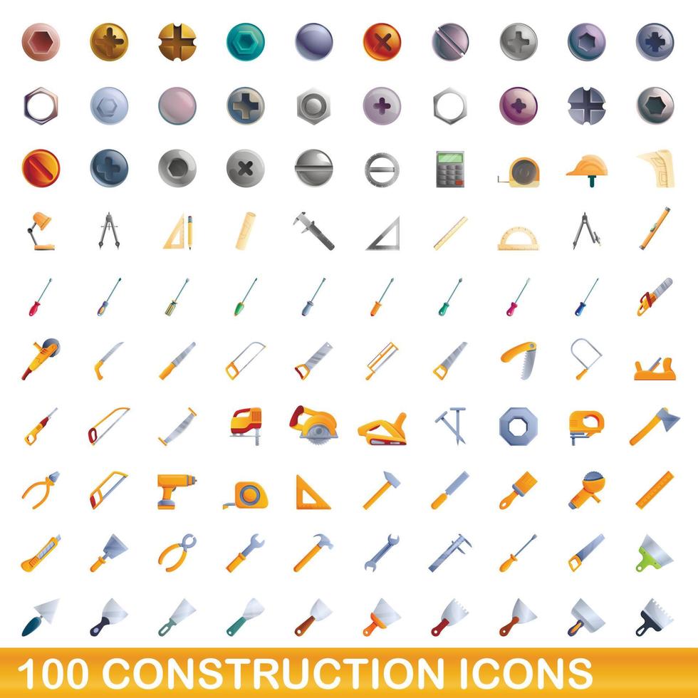 100 iconos de construcción, estilo de dibujos animados vector