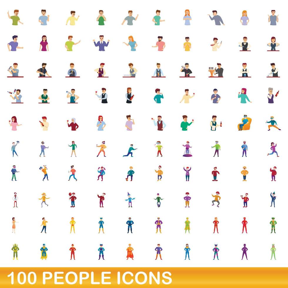 100 people icons set, cartoon style vector