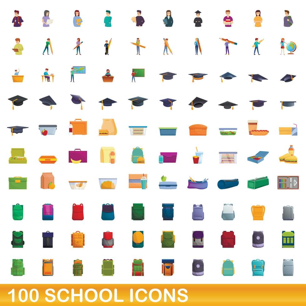 100 school icons set, cartoon style vector