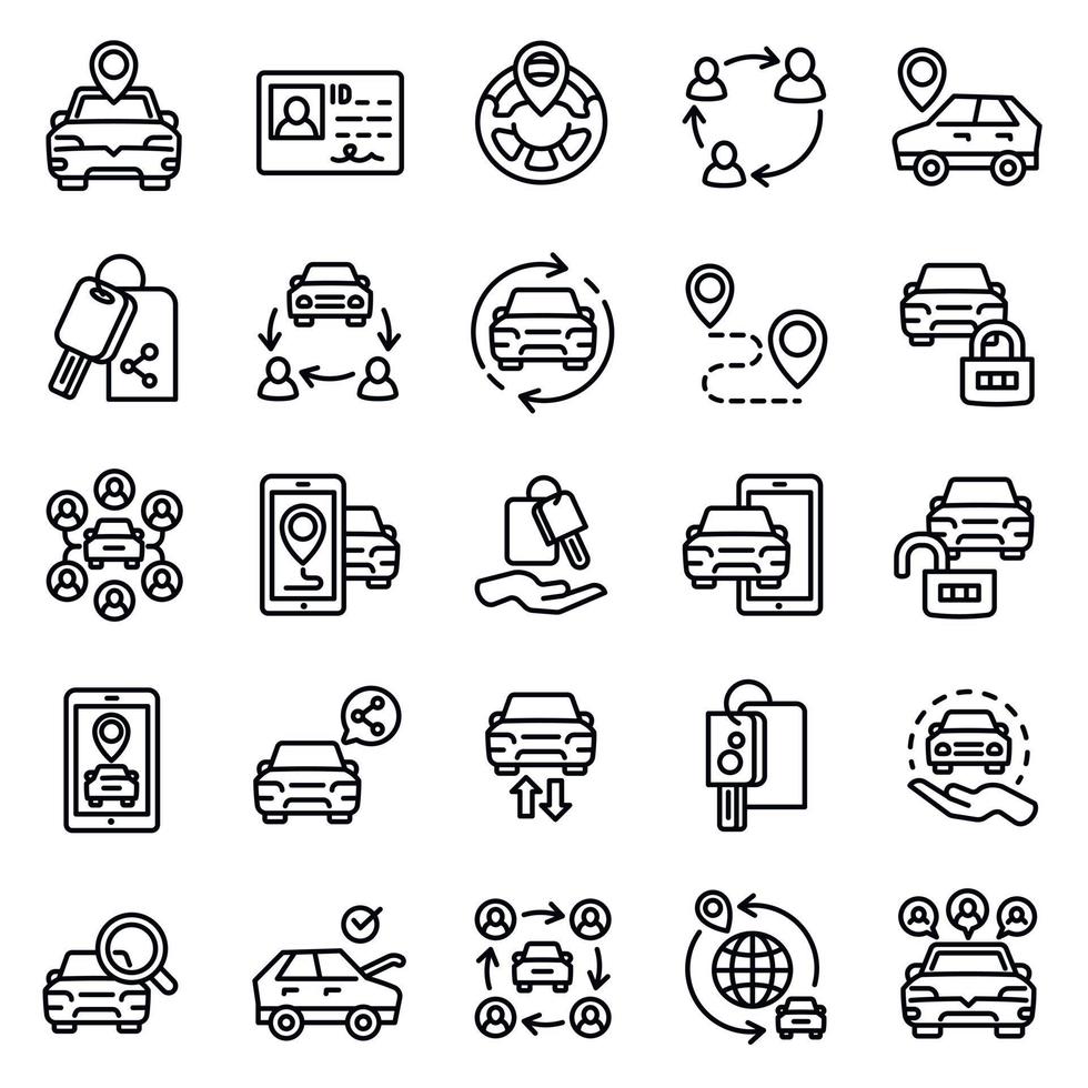 conjunto de iconos para compartir coche, estilo de esquema vector