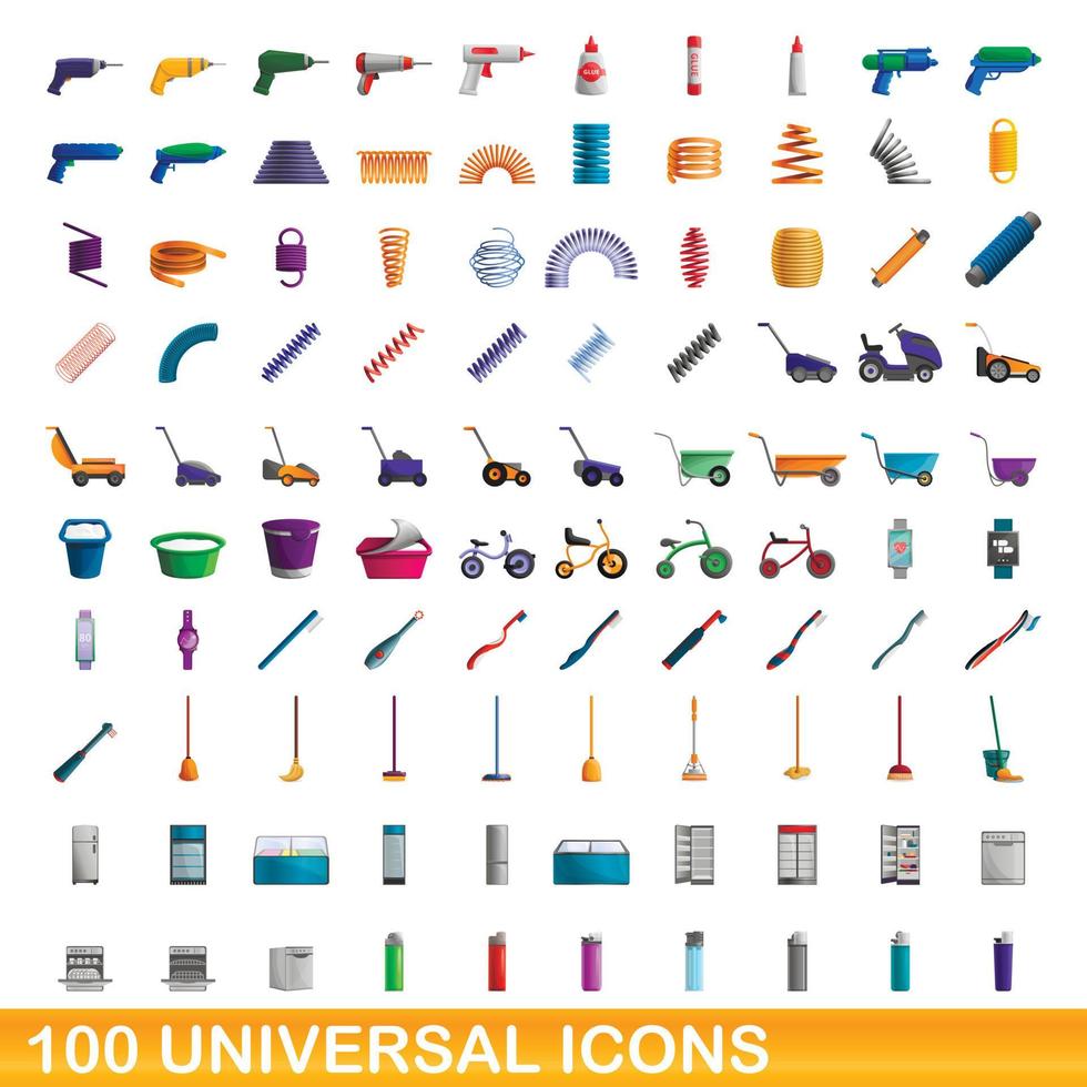 100 iconos universales, estilo de dibujos animados vector