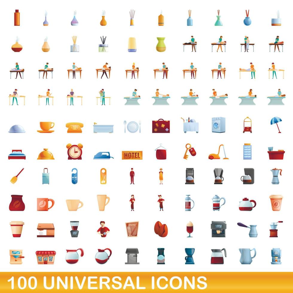 100 universal icons set, cartoon style vector