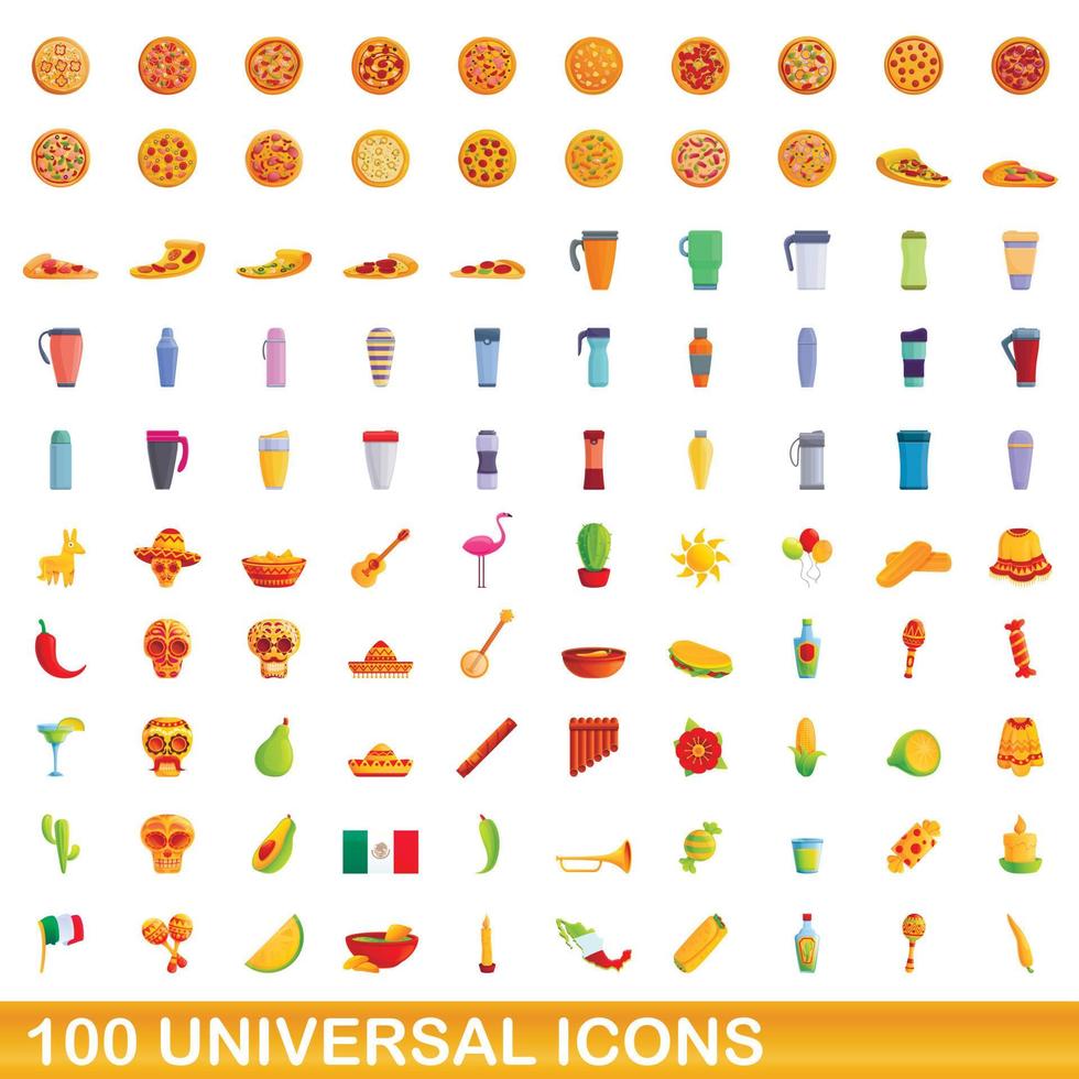 100 universal icons set, cartoon style vector