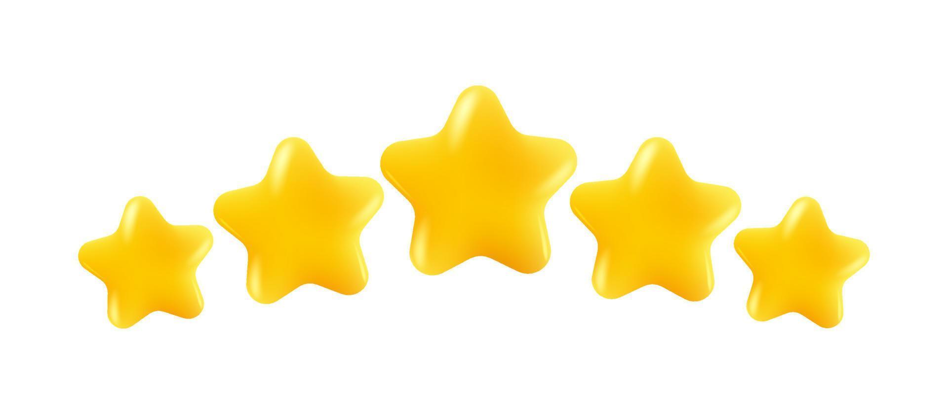 Vector icons of five yellow stars glossy colors. Achievements for games or customer rating feedback of website.