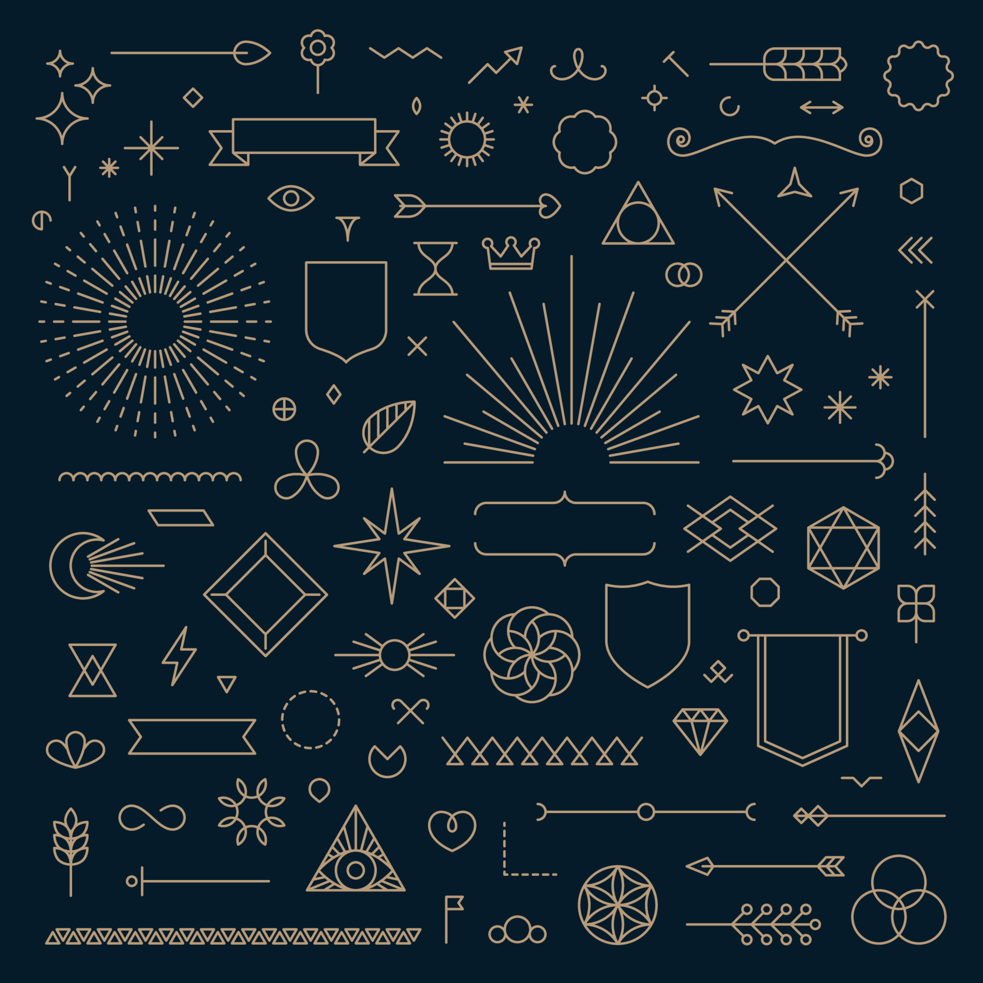Set of linear thin line art deco retro vintage design elements