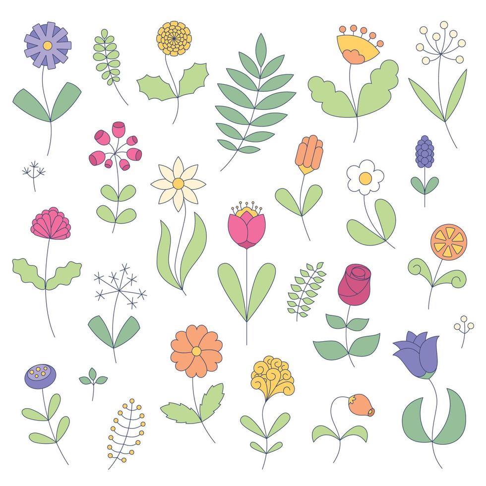 Flower line art set. Minimalist contour drawing. Floral symbols. Vector illustration