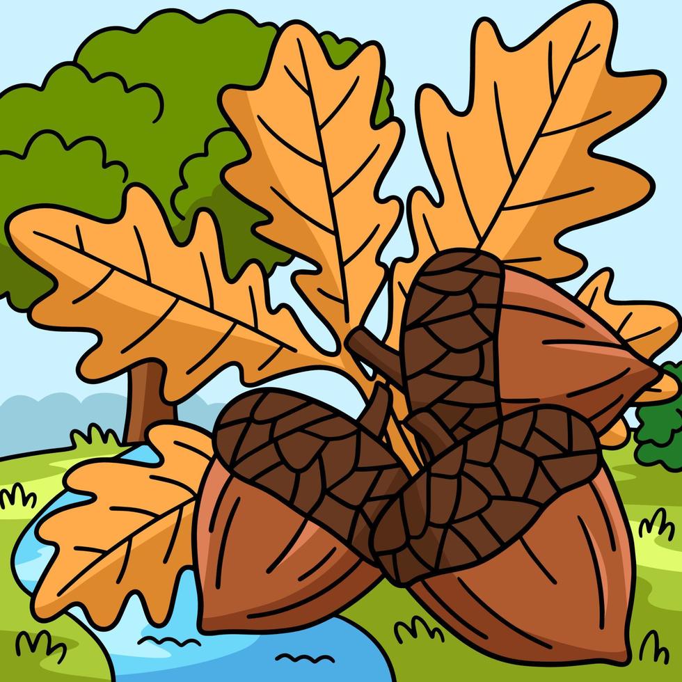 Thanksgiving Acorn With Autumn Leaves Colored vector