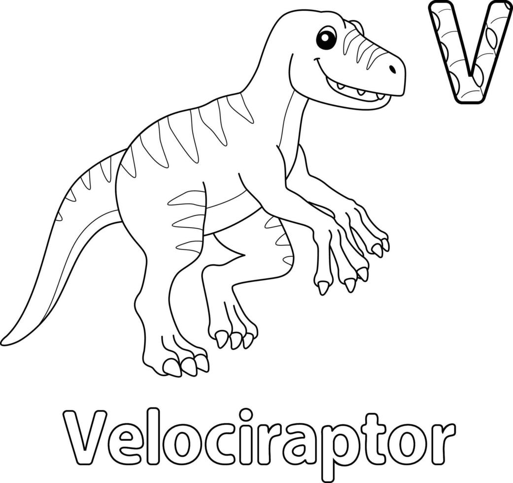 velociraptor alfabeto dinosaurio abc para colorear página v vector