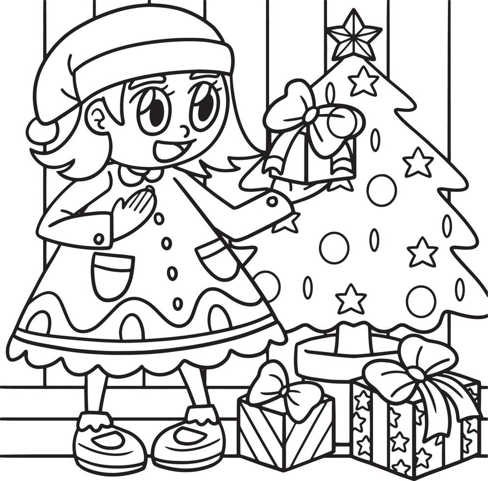niña, regalo, y, árbol de navidad, colorido, página vector