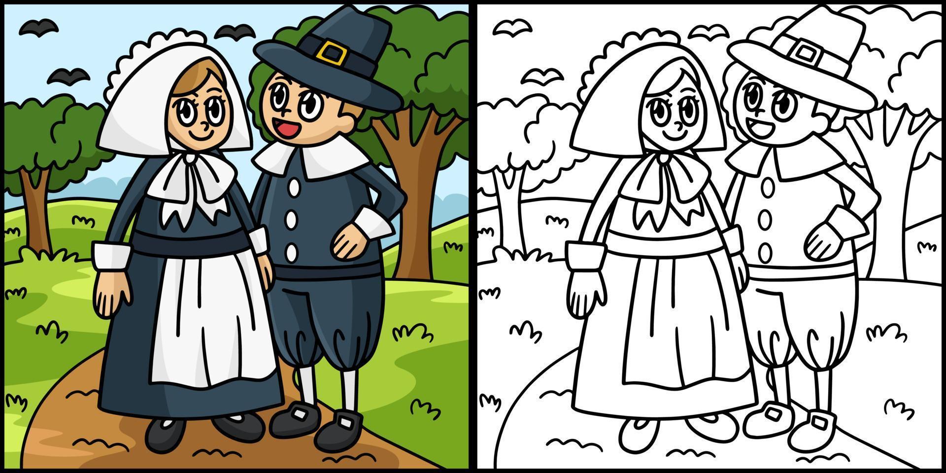 Thanksgiving Pilgrim Couple Coloring Illustration vector