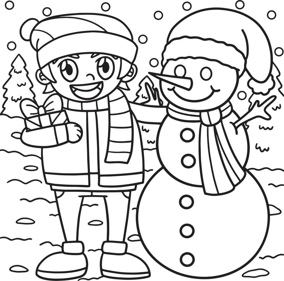 Muñeco de nieve de navidad con niño página para colorear vector