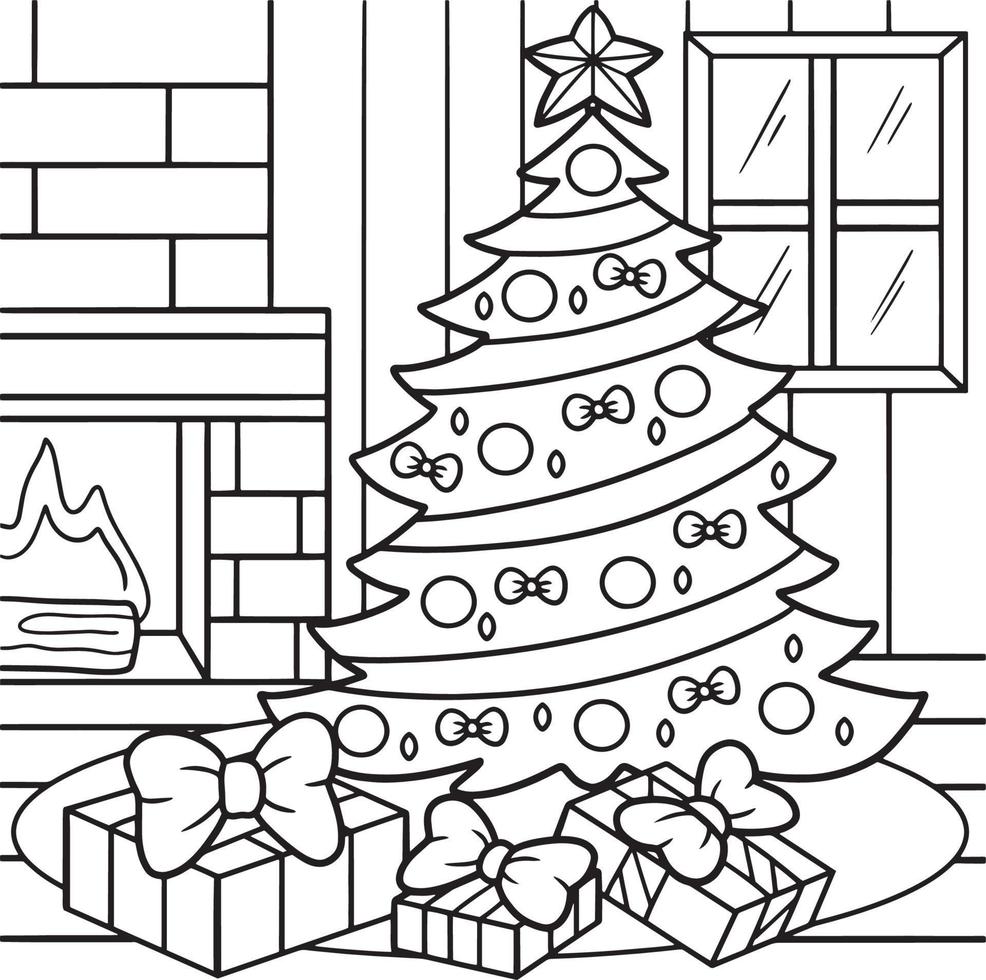 Página para colorear de árbol de Navidad para niños vector