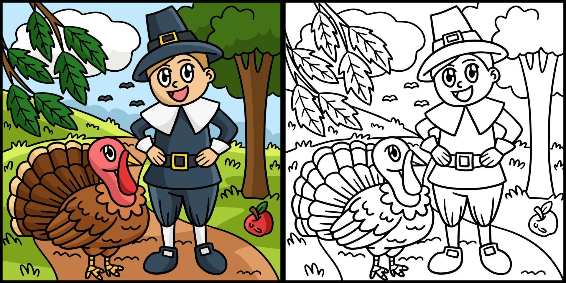 ilustración de pavo y niño peregrino de acción de gracias vector