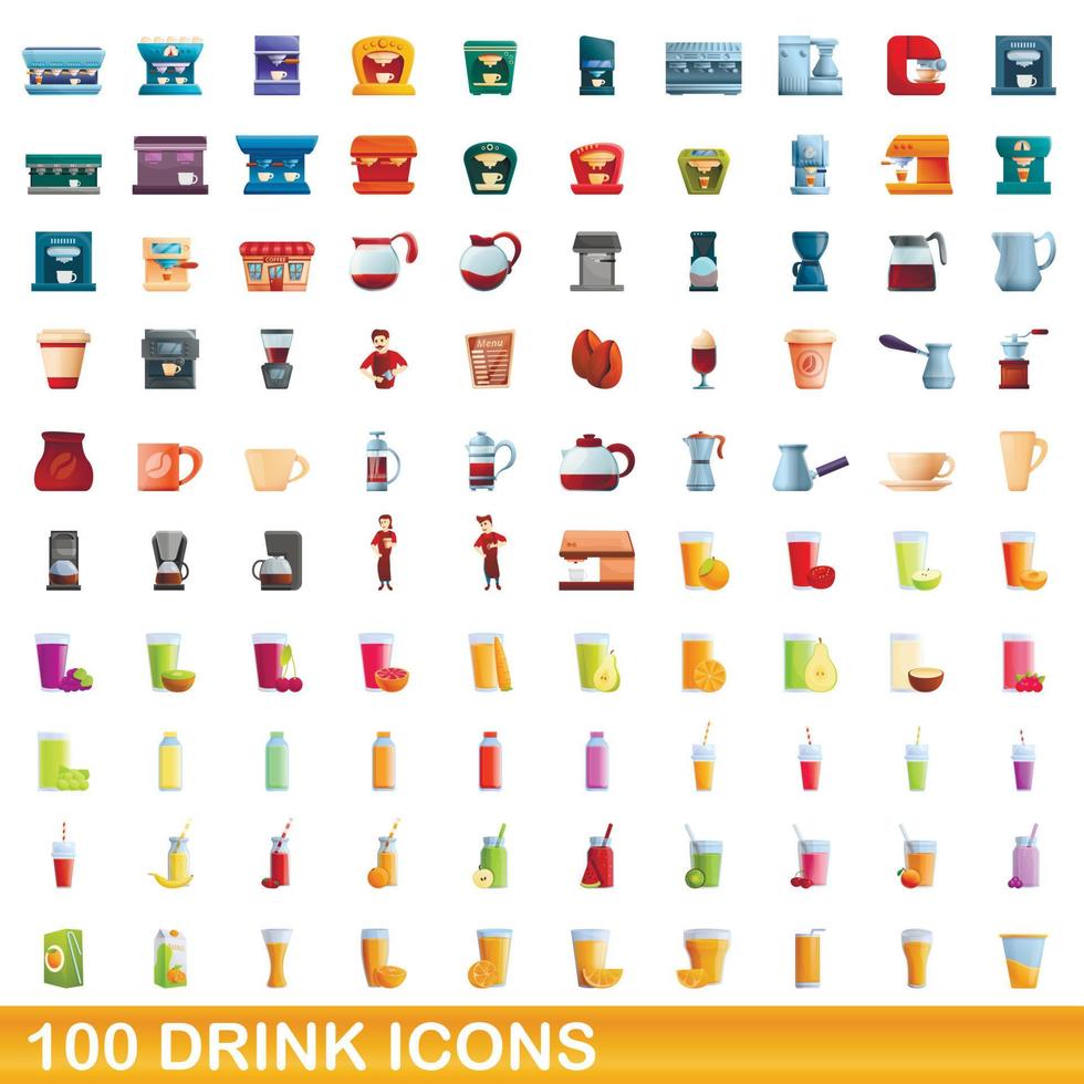 100 drink icons set, cartoon style vector