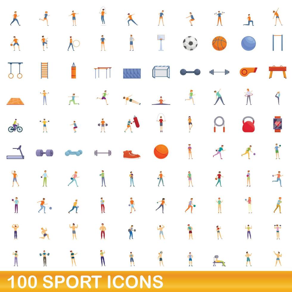 100 iconos deportivos, estilo de dibujos animados vector