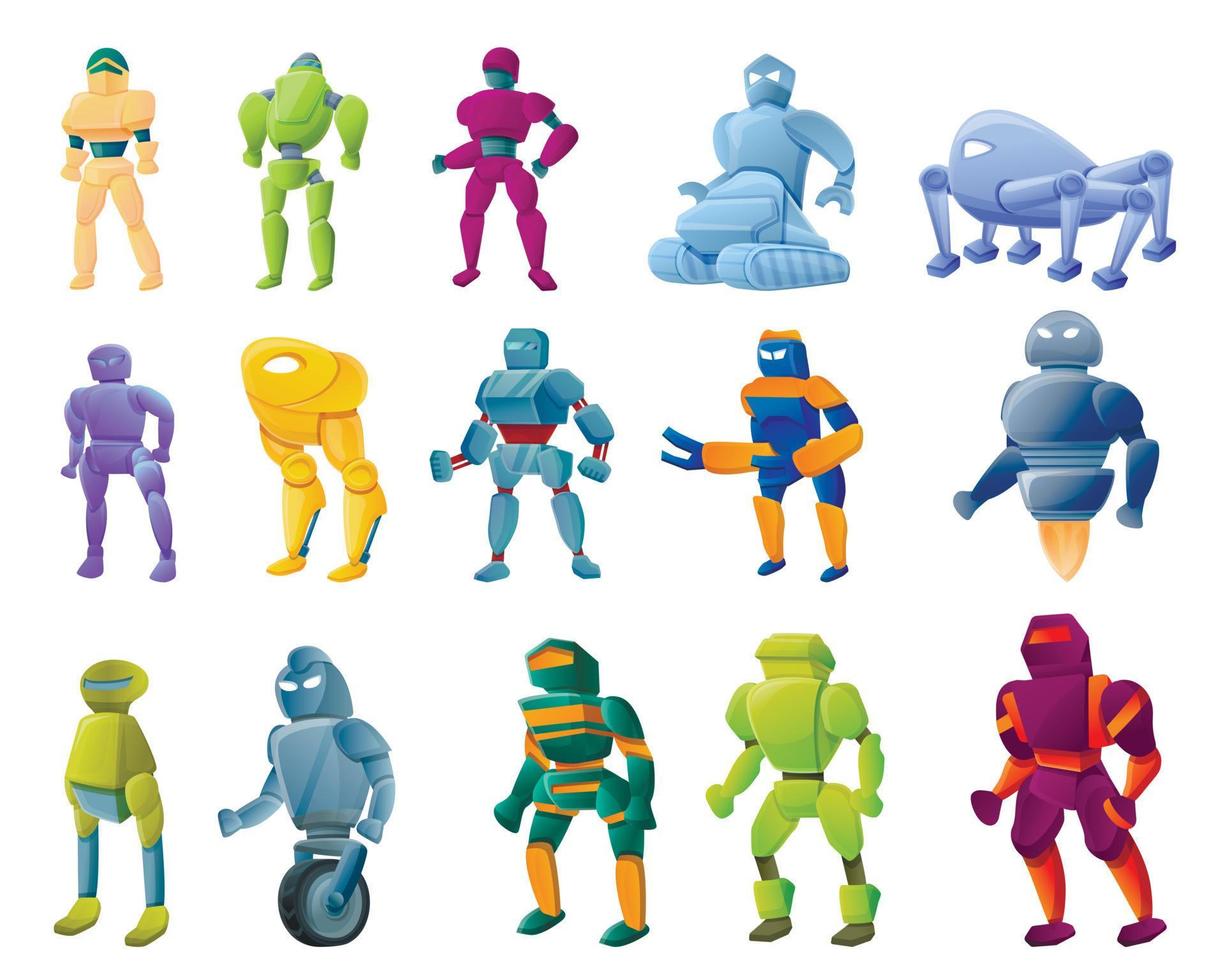 Robot-transformer icons set, cartoon style vector