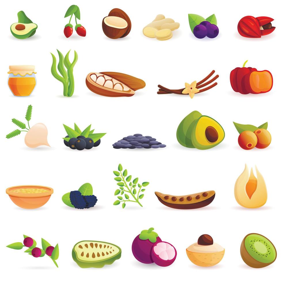 Superfood icons set, cartoon style vector
