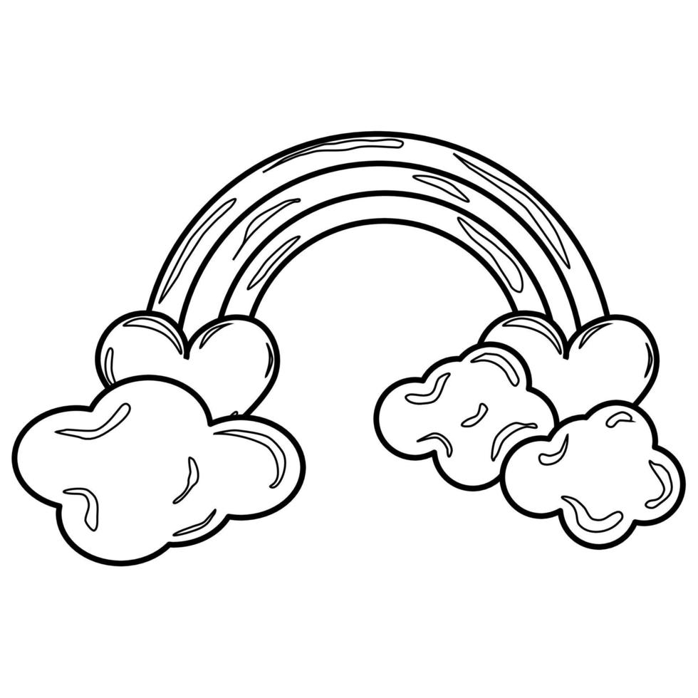 Outline coloring Rainbow with two hearts in the clouds vector