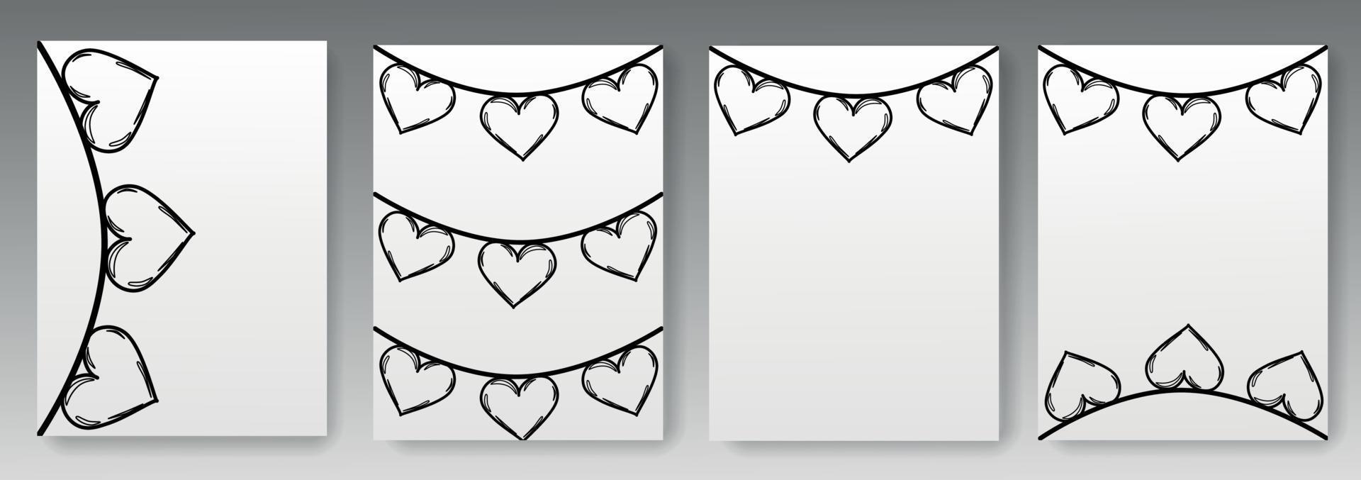 Set collection of white backgrounds with hand drawn garlands with hearts vector