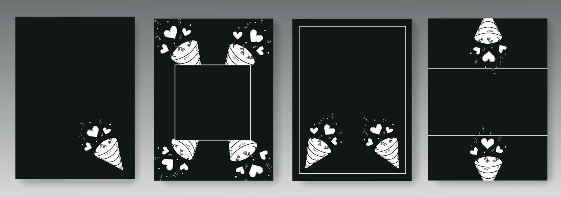 Set Collection of black backgrounds with a pattern of clapperboards and hearts vector