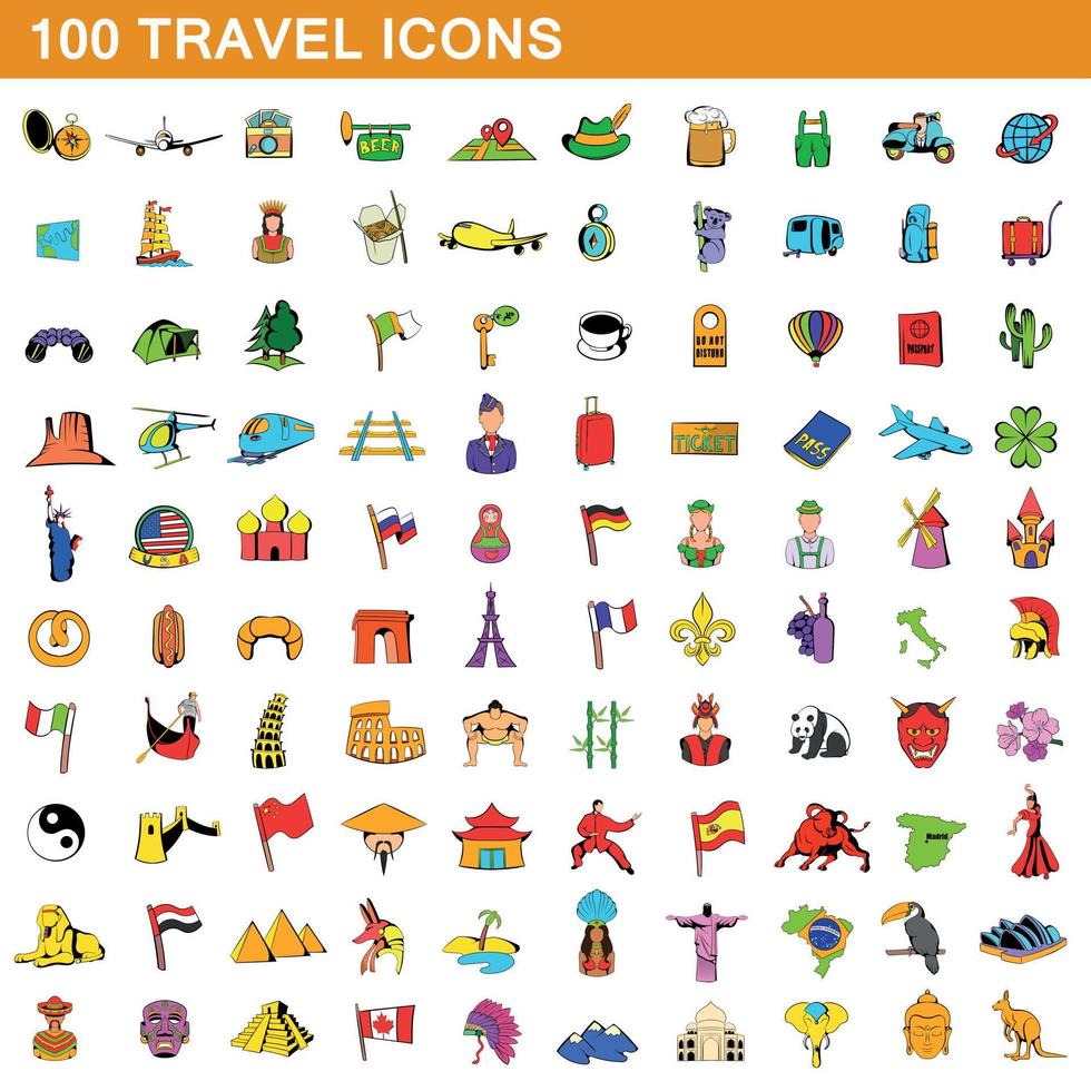 100 travel icons set, cartoon style vector