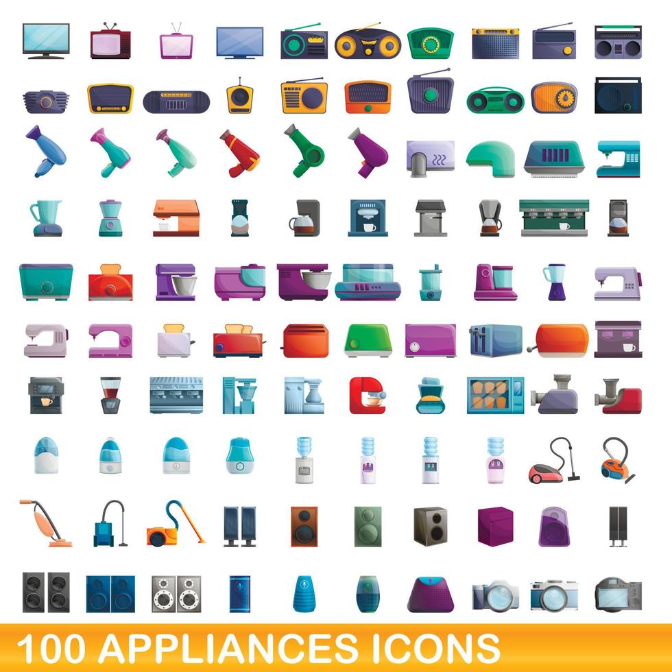 100 electrodomésticos, conjunto de iconos de estilo de dibujos animados vector