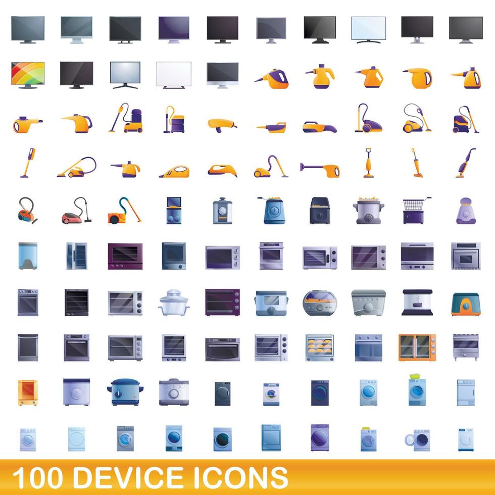 100 iconos de dispositivo, estilo de dibujos animados vector