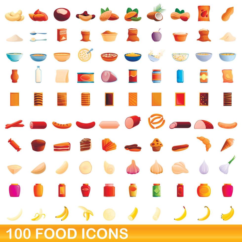 100 iconos de alimentos, estilo de dibujos animados vector