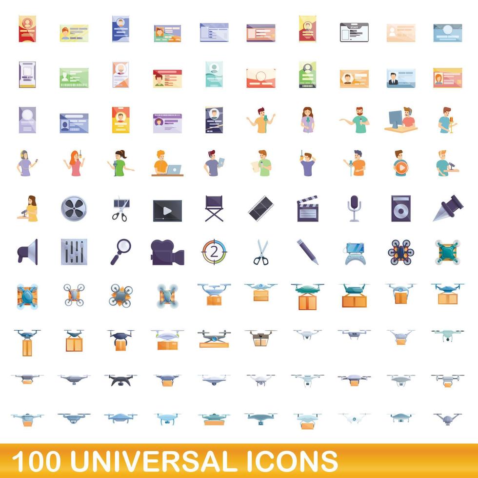 100 universal icons set, cartoon style vector