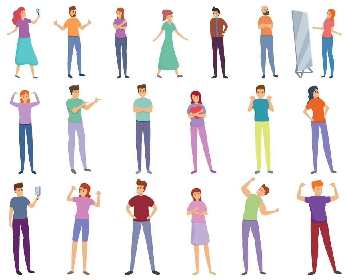 Self-esteem icons set, cartoon style vector