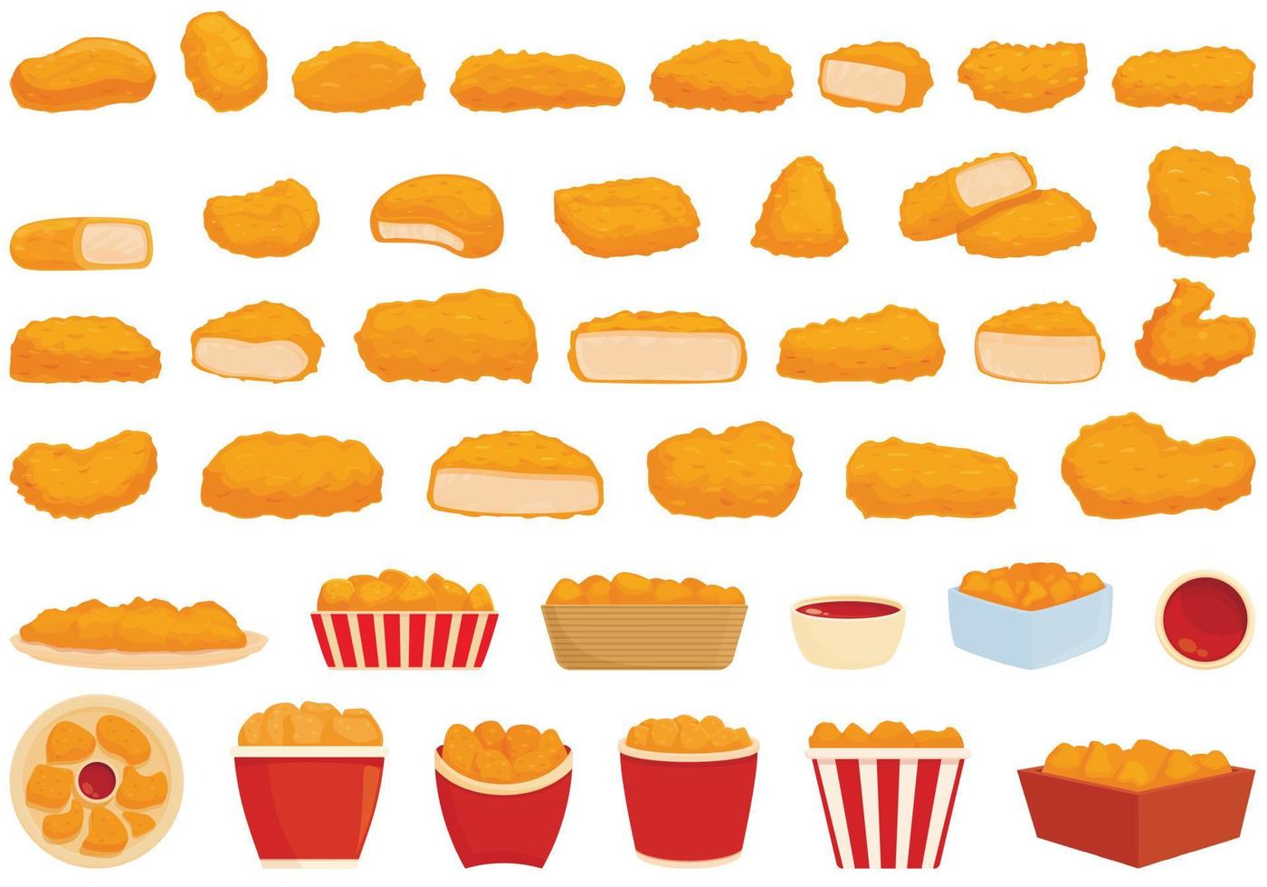 iconos de nuggets de pollo establecer vector de dibujos animados. cesta de la parrilla