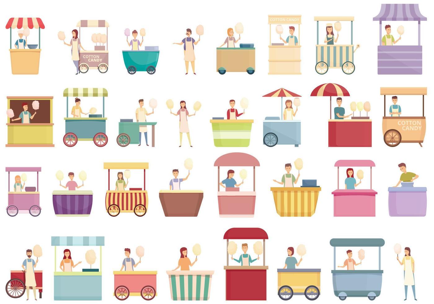 iconos de vendedor de algodón de azúcar establecen vector de dibujos animados. carnaval de comida