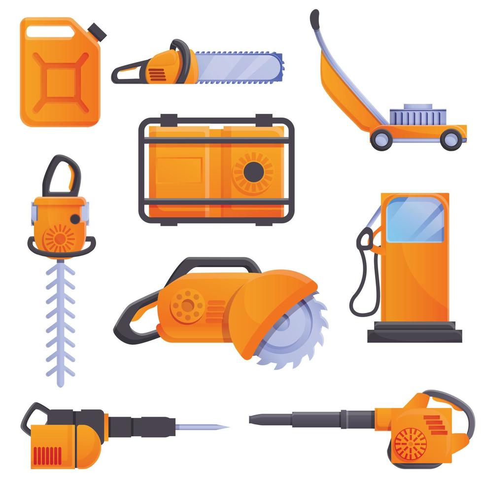 Gasoline tools icons set, cartoon style vector