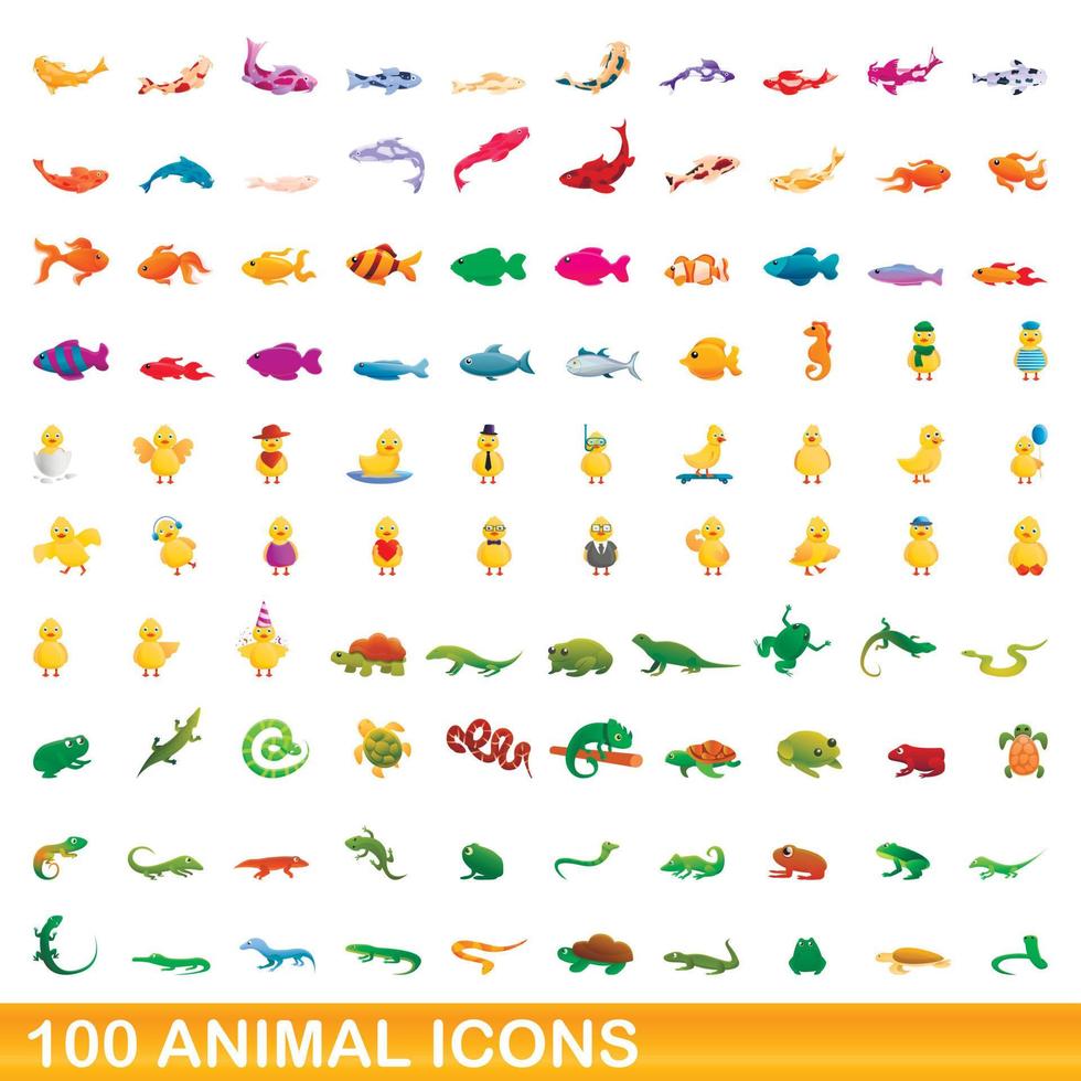 100 animales, conjunto de iconos de estilo de dibujos animados vector