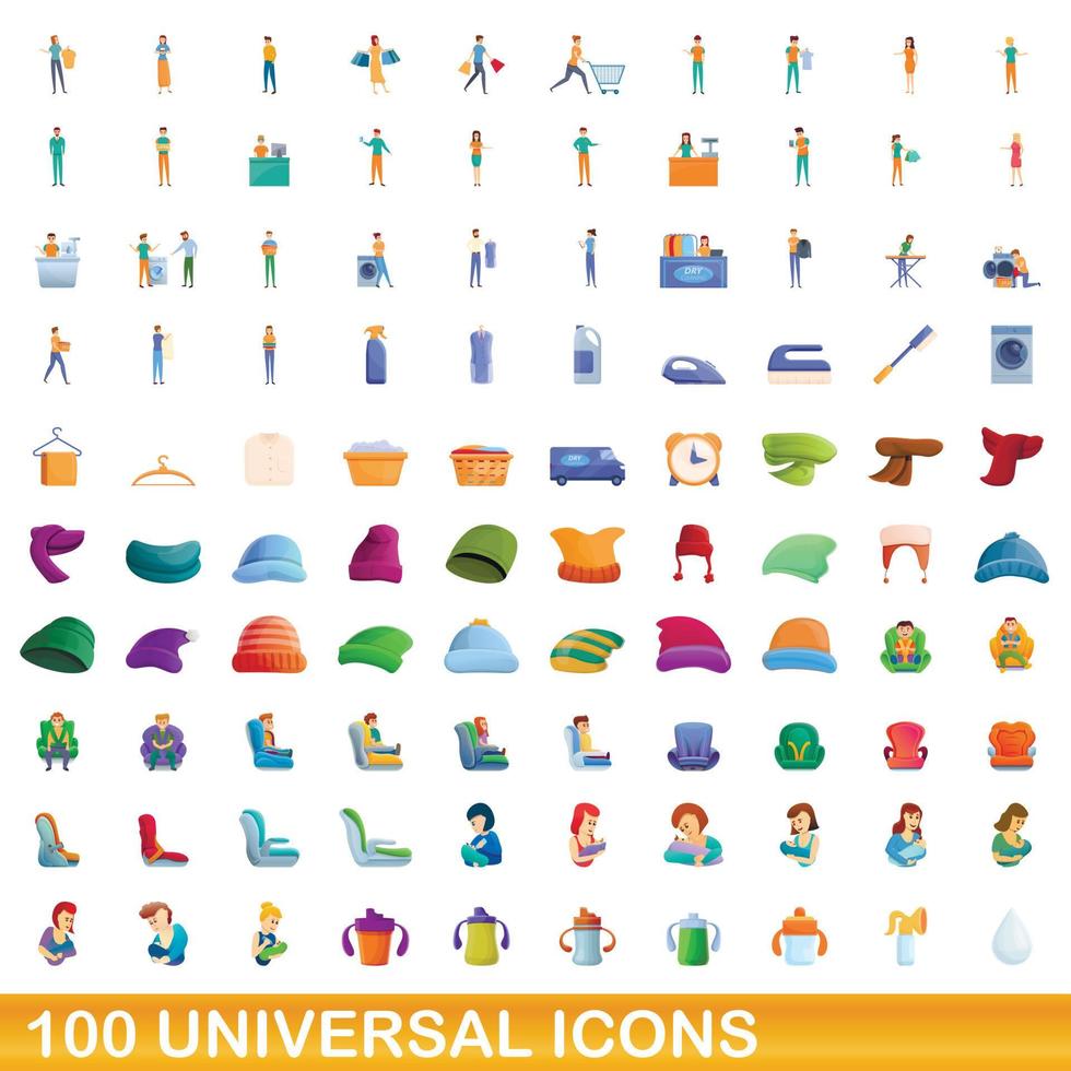 100 universal icons set, cartoon style vector