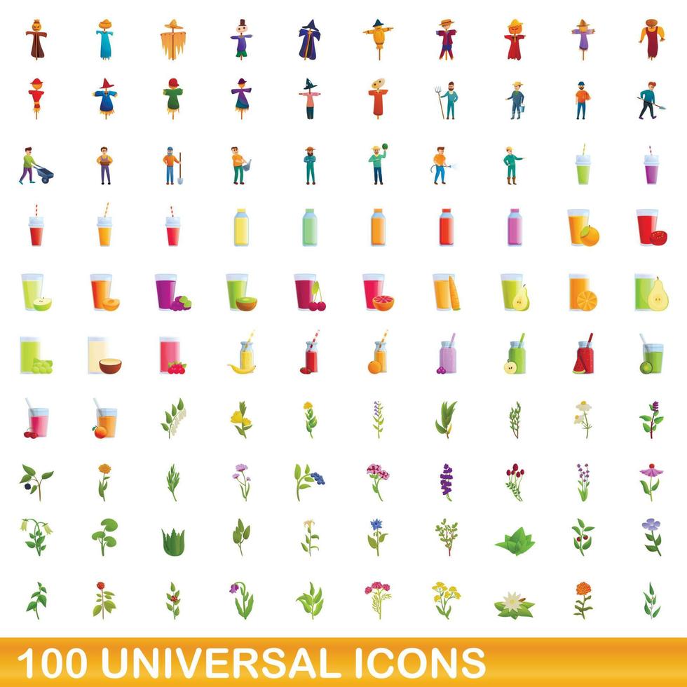 100 universal icons set, cartoon style vector