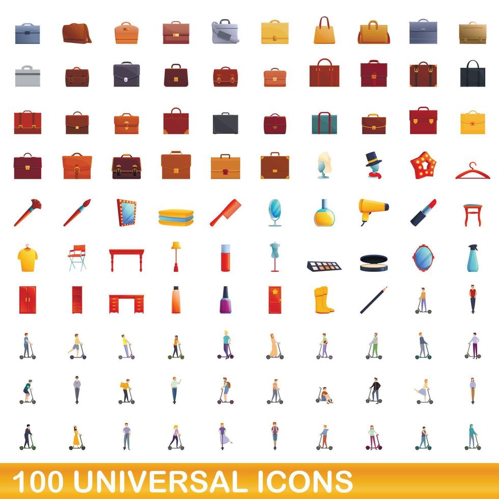 100 iconos universales, estilo de dibujos animados vector